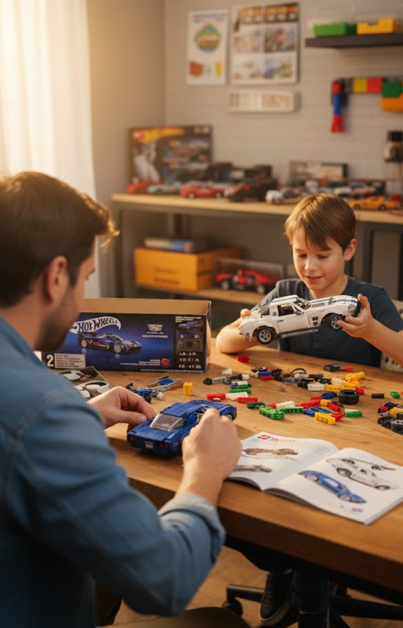 Hot Wheels Brick Shop Cadillac + Corvette, Set de Construcción
