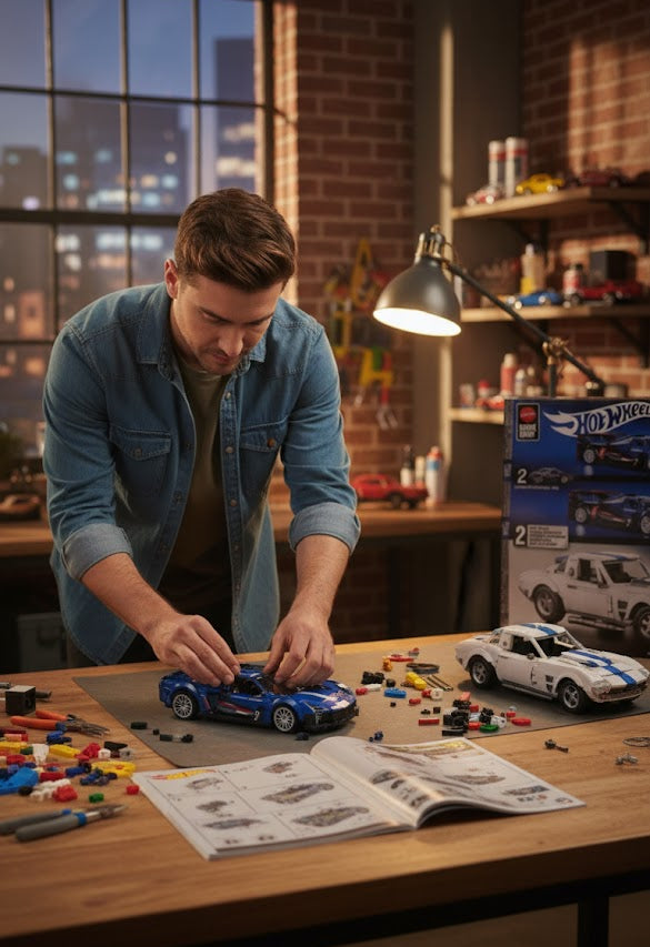 Hot Wheels Brick Shop Cadillac + Corvette, Set de Construcción